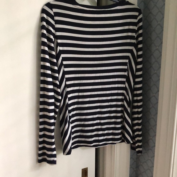 Bold deep navy/white striped long sleeve top with diagonal striped detail. - Picture 2 of 7